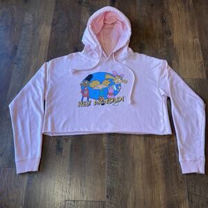 Women’s Nickelodeon Hey Arnold Cropped Pink Hoodie Size Medium Cartoon 90s Tv